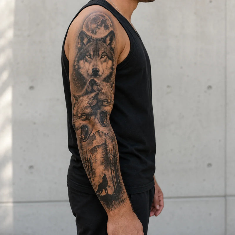 Twin Wolves Sleeve Tattoo On Arm
