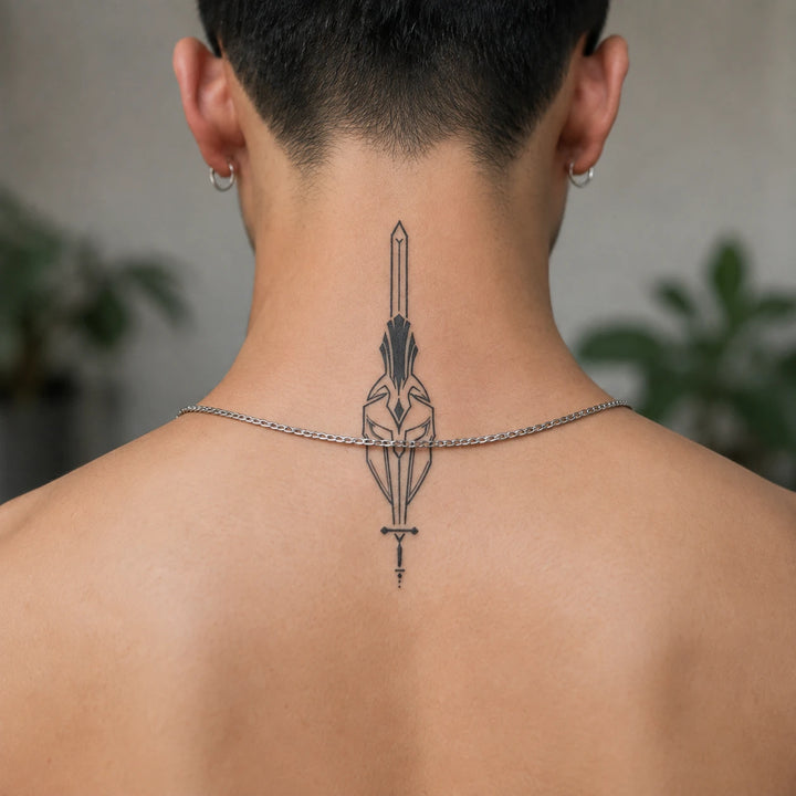 Aries Spartan Tattoo on back Near Neck