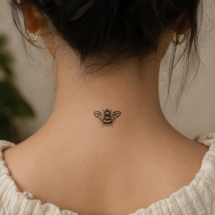 Bee Tattoo on the girl back near neck