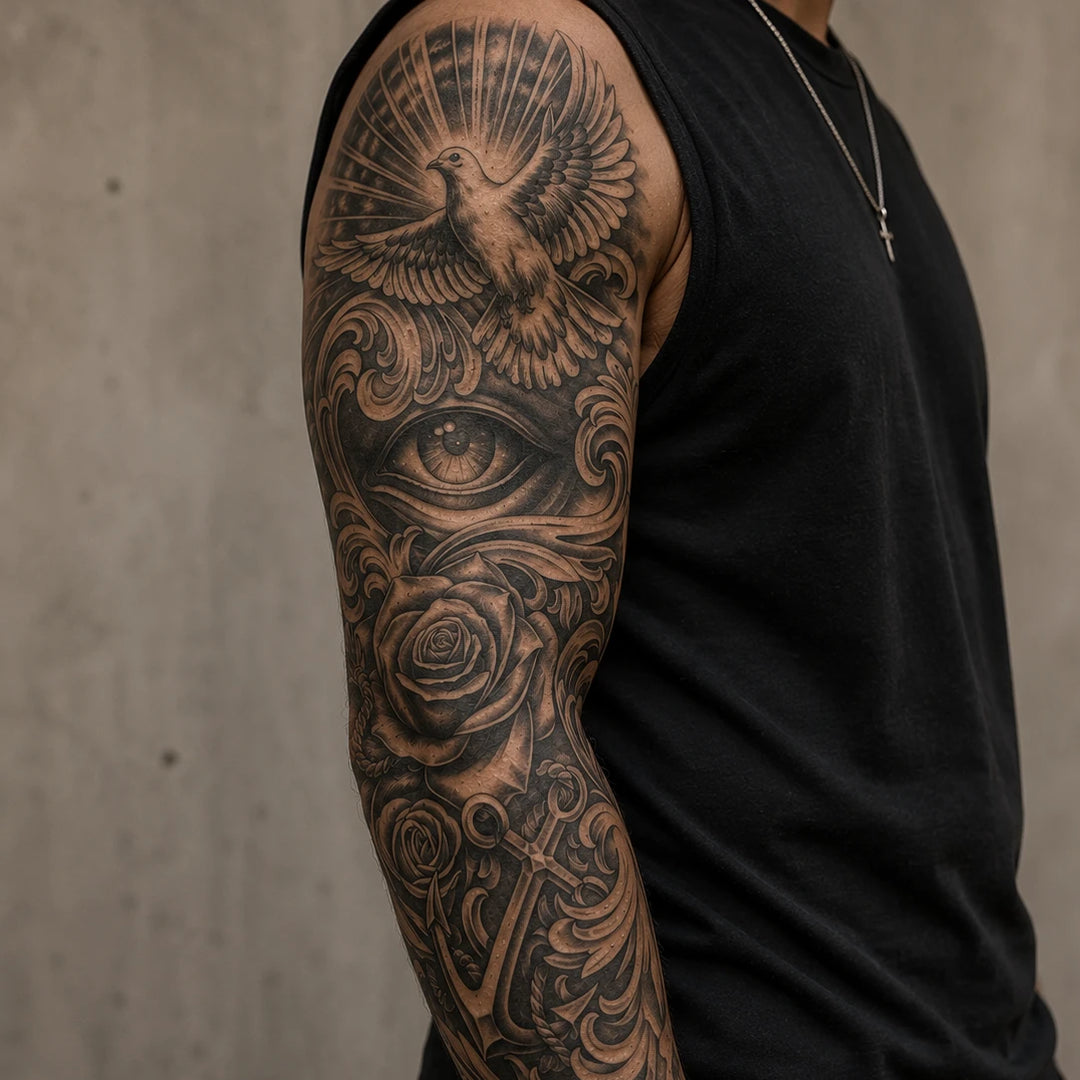 Dove & Roses Sleeve tattoo on hand