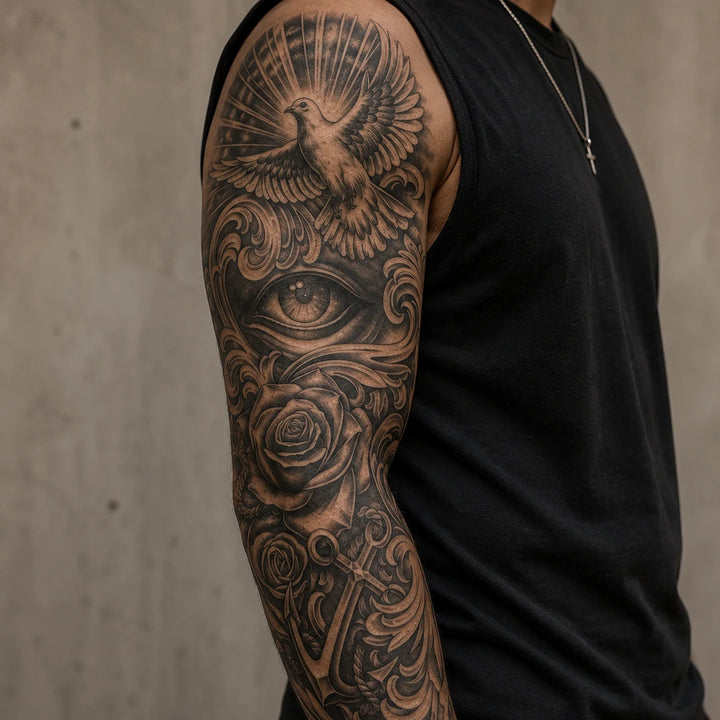 Dove & Roses Sleeve tattoo on hand