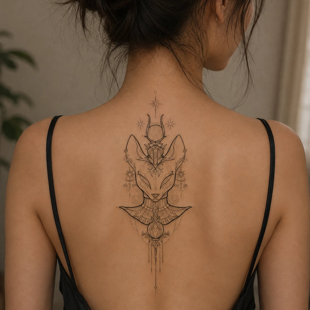 Feline Goddess tattoo on woman back