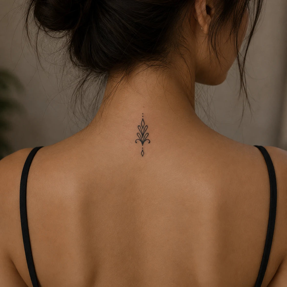 Floral Motif Tattoo on Woman back near neck