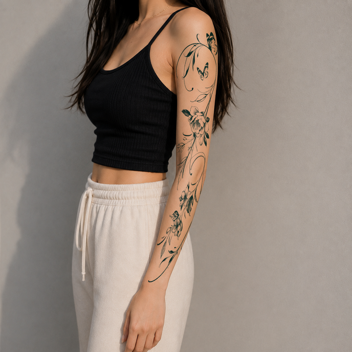 Floral Sleeve Tattoo on woman hand