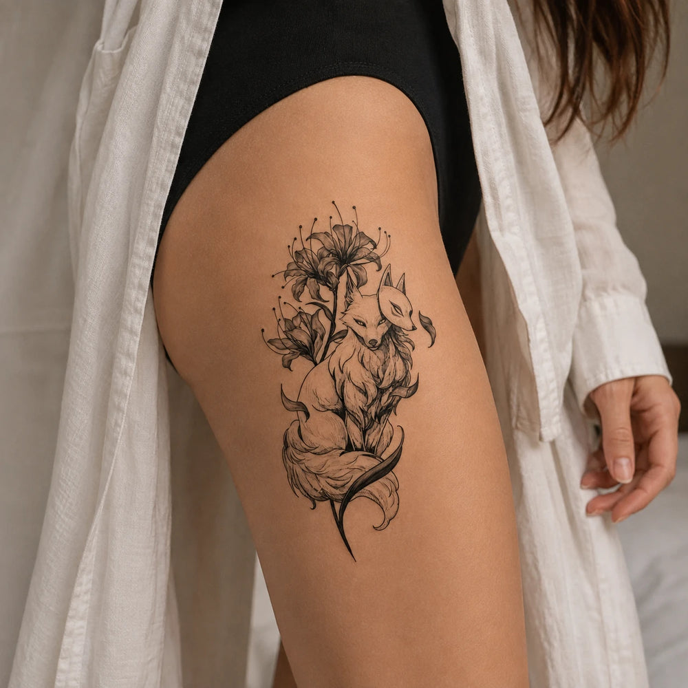 Fox of Inari tattoo on woman thigh