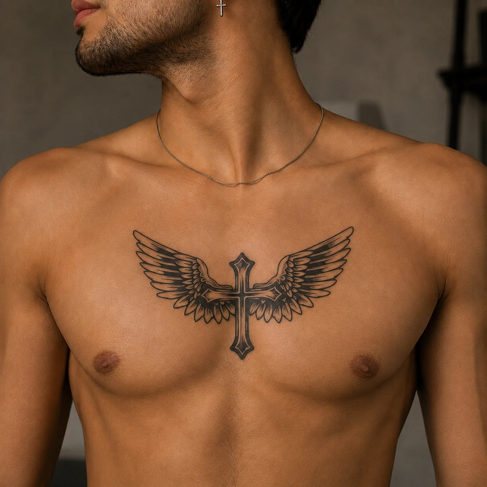 Guardian Wings Tattoo On Man Chest