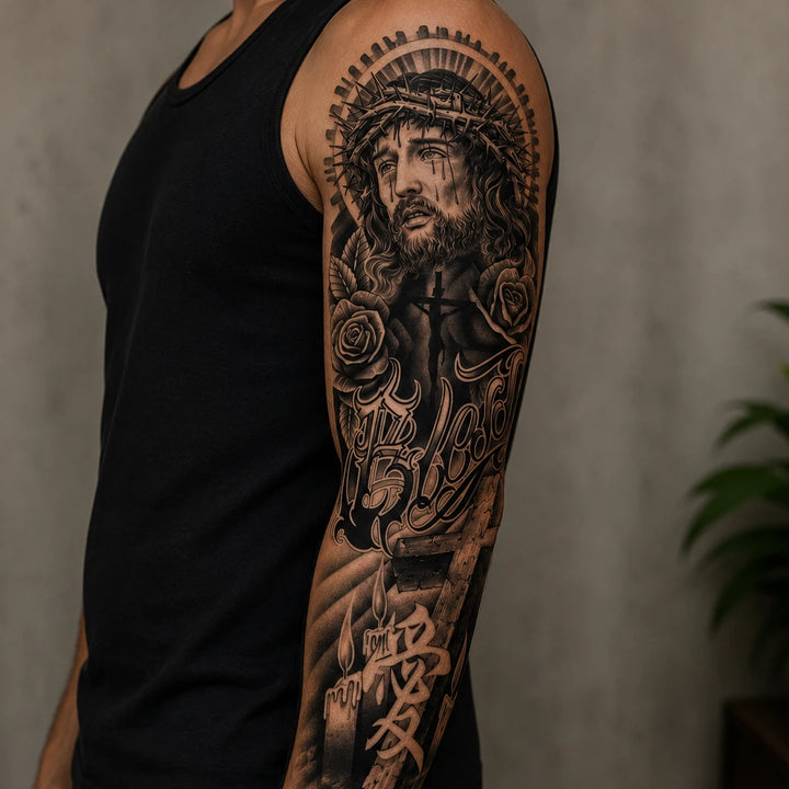 Jesus Sleeve on a man arm