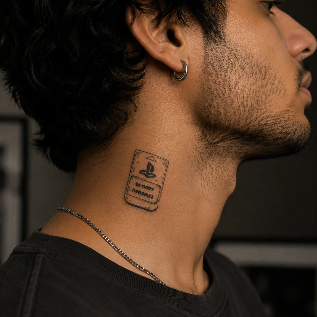 PS Memory Card Tattoo On Neck