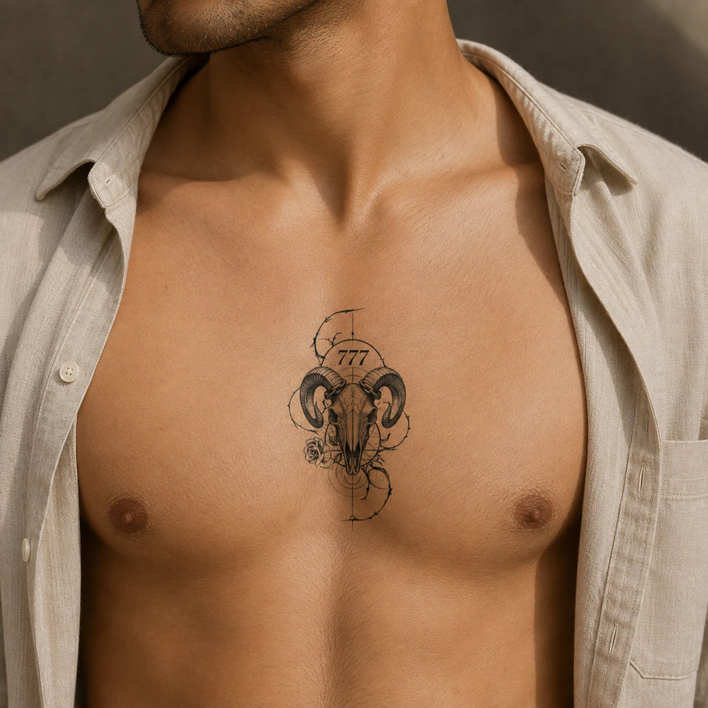 Ram Skull Tattoo On chest