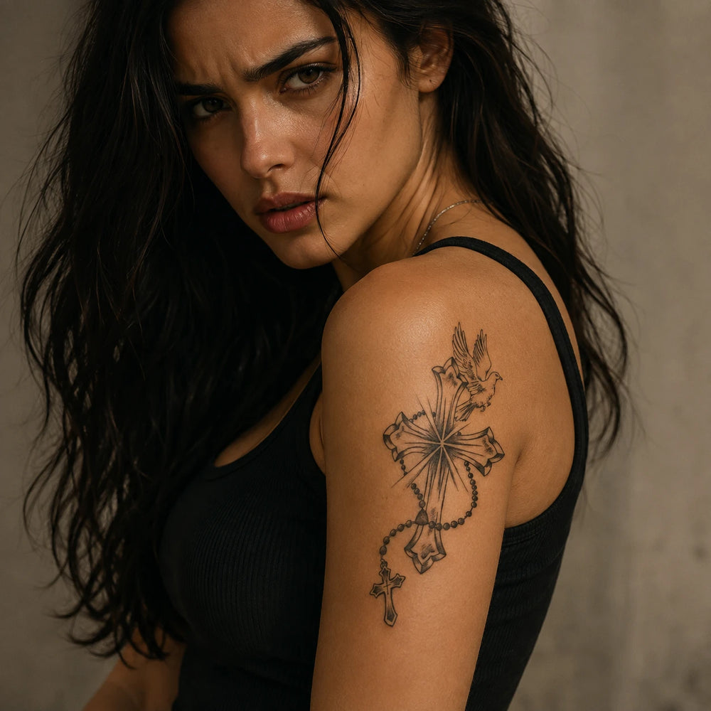 Rosary Cross Tattoo on shoulder
