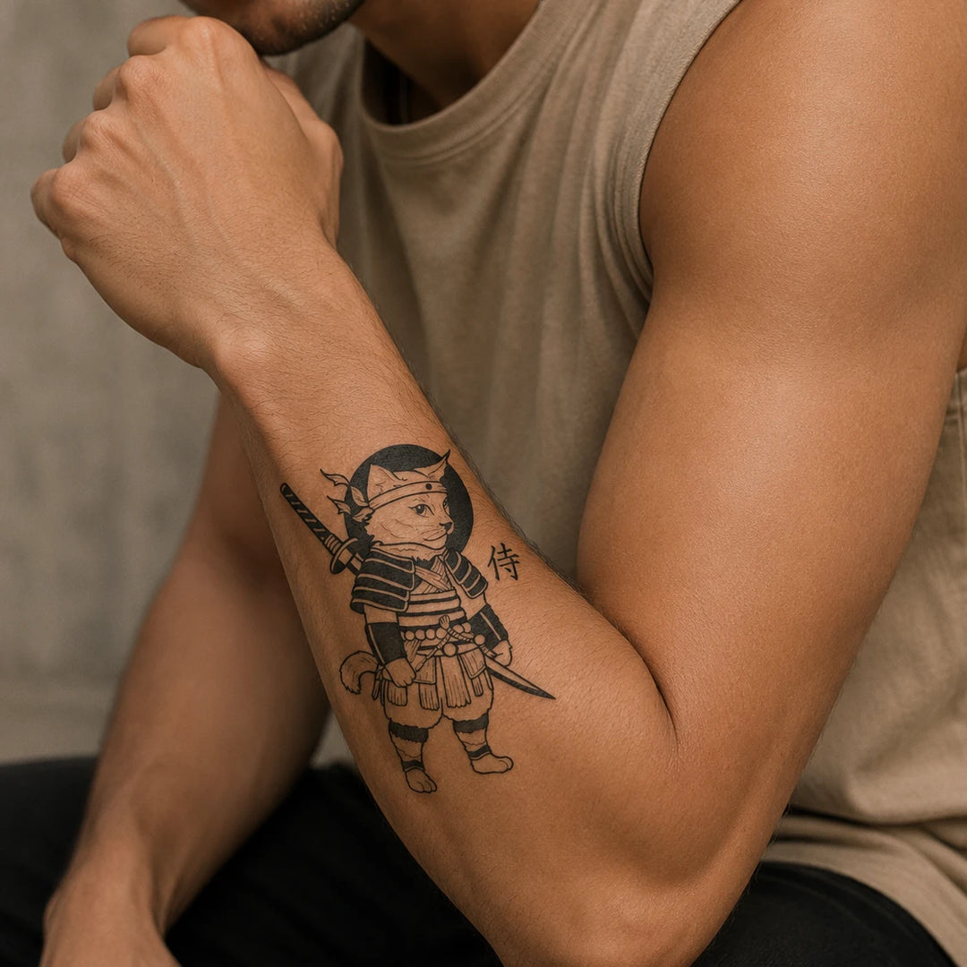 Samurai Cat tattoo on man forearm