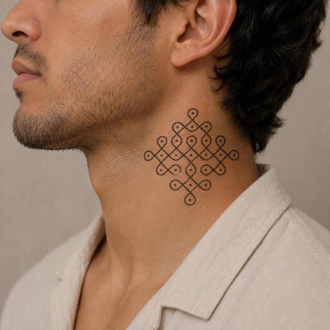 Sikku Kolam Tattoo on Man neck