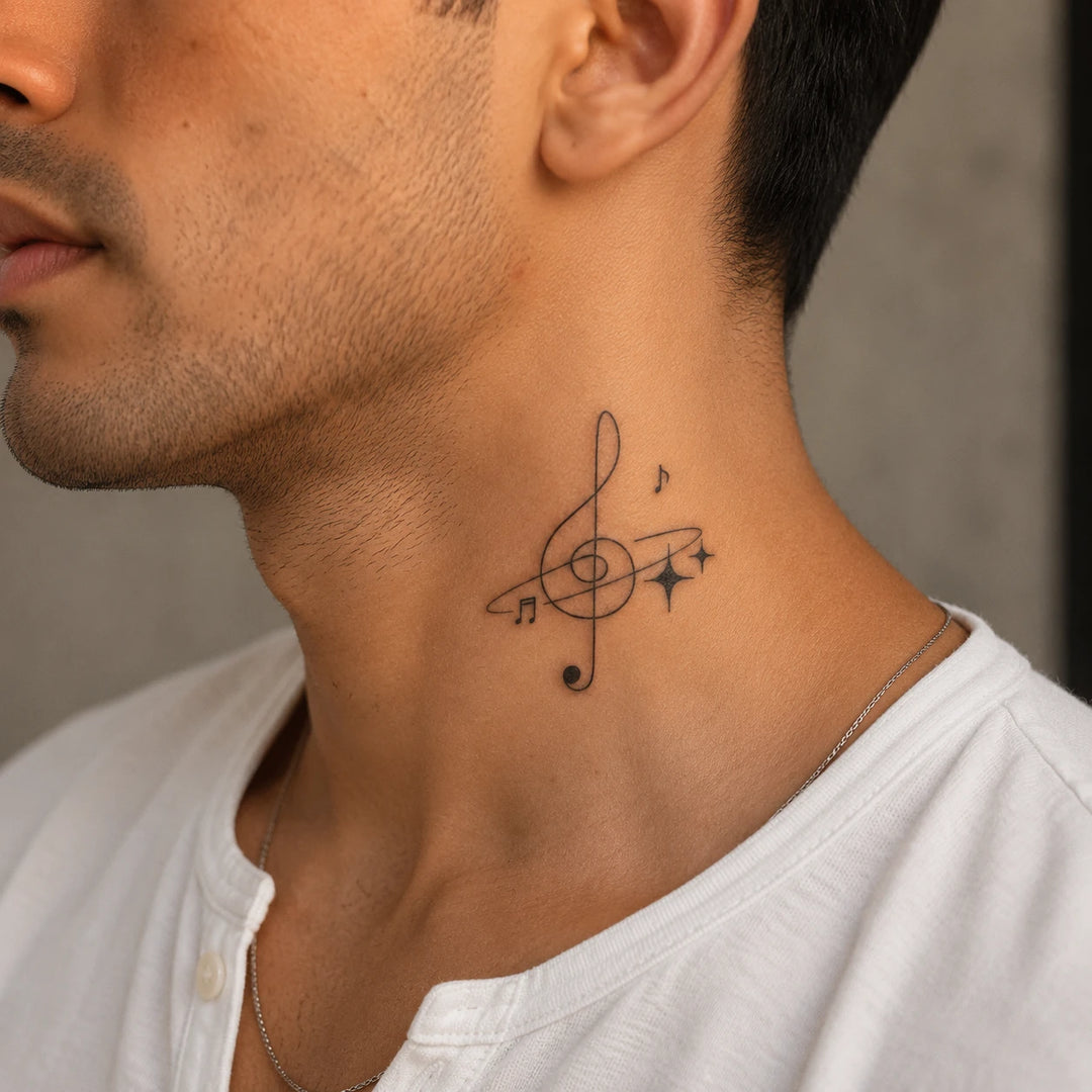 Treble clef note Tattoo on neck