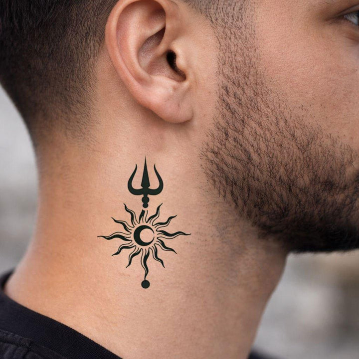 Trishul sun tattoo on neck