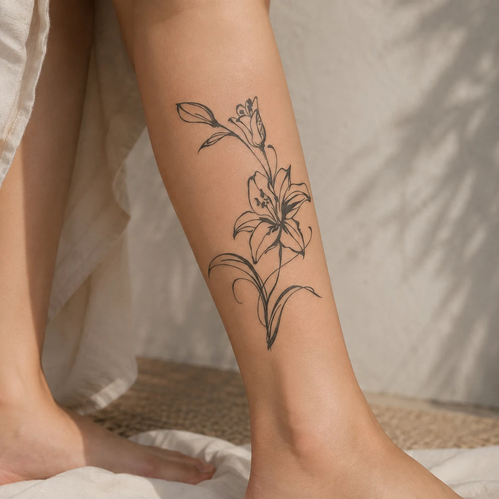 blooming lily Tattoo on women leg