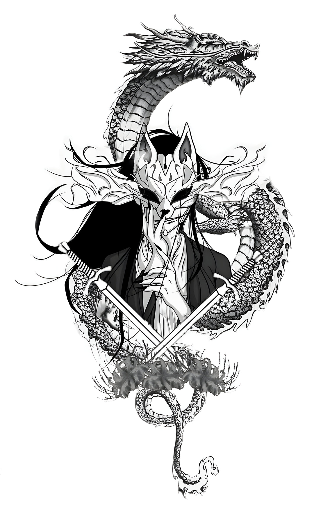 Dragon & Kitsune Warrior Tattoo