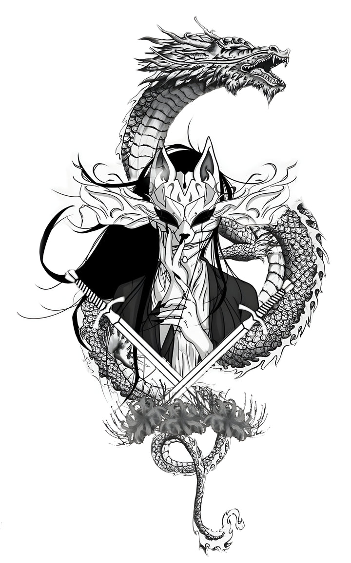 Dragon & Kitsune Warrior Tattoo