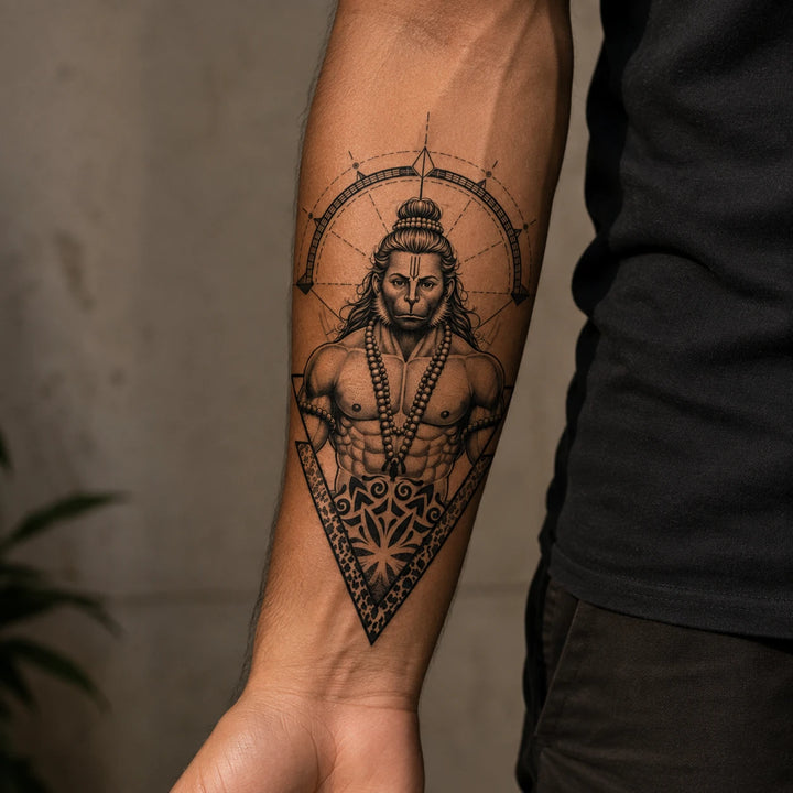 mahaveer tattoo on man's arm