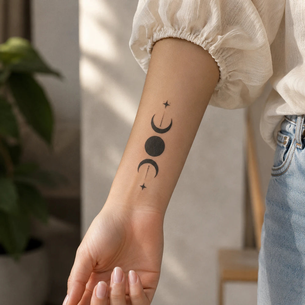 triple moon tattoo on hand
